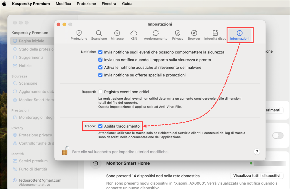 Abilitazione del tracciamento in Kaspersky for Mac.